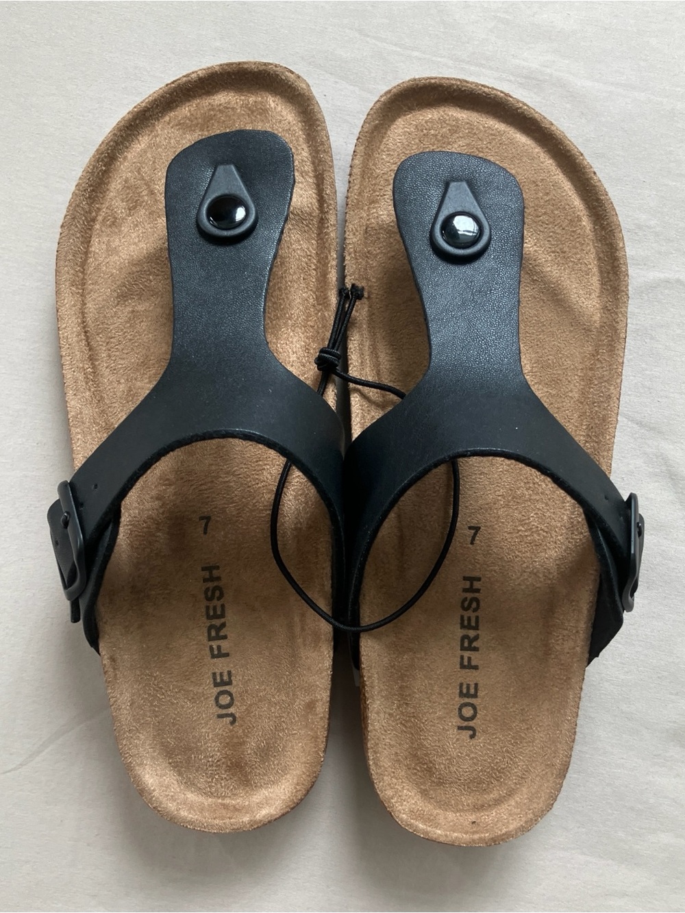 Joe Fresh Buckled T-Strap Sandals Size 7 Black Cork Footbed NWT